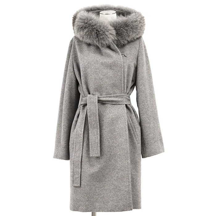 MaxMara STUDIO マックスマーラ ステュディオ ラップコート メルトン ファー サイズ 36 レディース フーデッド ウール100% アウター ベルト付属 グレー 灰色 イタリア製