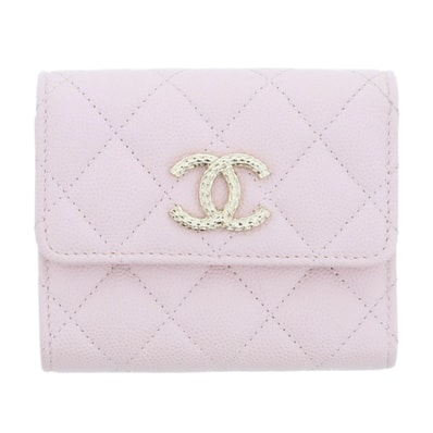 CHANEL シャネル ココマーク マトラッセ コンパクトウォレット 三つ折り財布 AP4250 キャビアスキン ピンク ゴールド金具 レディース【中古】