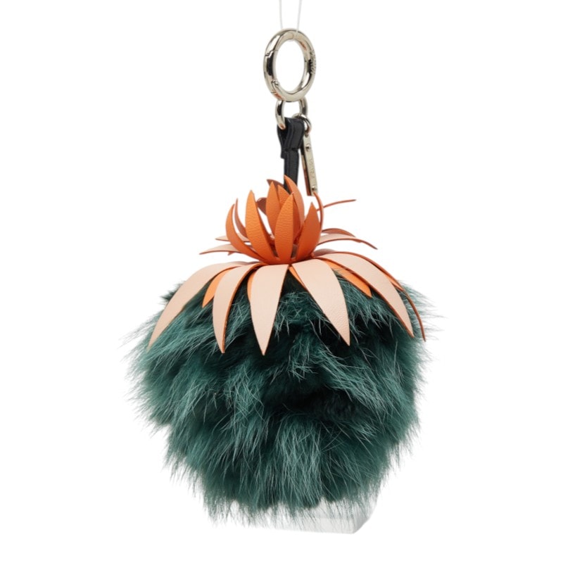 フェンディ ポンポン フルーツ パイナップル チャーム バッグチャーム キーホルダー グリーン オレンジ ファー レザー レディース FENDI 中古