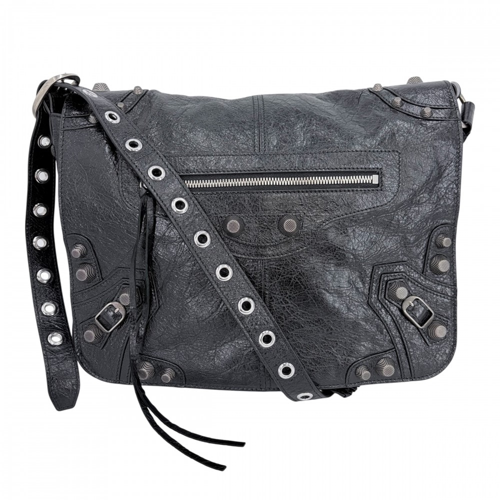 BALENCIAGA バレンシアガ ショルダーバッグ メッセンジャーバッグ ミディアム ルカゴール 肩掛け 斜め掛け LE CAGOLE 719093 ラムスキン ブラック 黒 シルバー金具 メンズ【中古品】