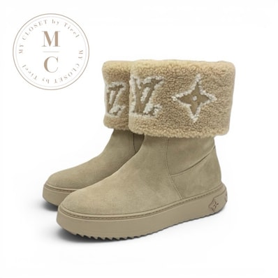 ルイヴィトン LOUIS VUITTON スノードロップライン モノグラム ブーツ ショートブーツ ムートンブーツ 折り返し スエード ベージュ