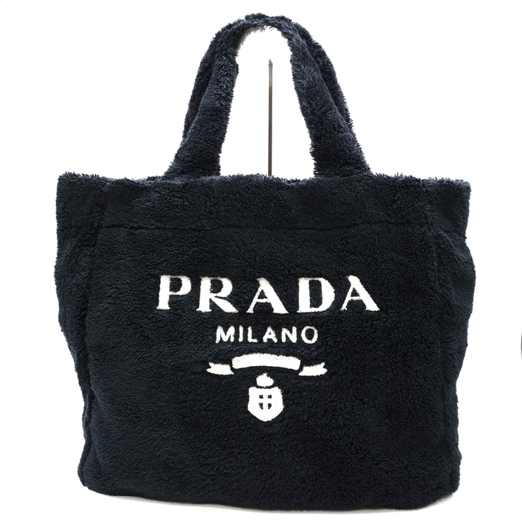 PRADA(プラダ)スプーニャ テリー トートバッグ ブラック パイル生地 ロゴ刺繍 三角ロゴプレート 肩掛け 大容量 レディース 1BG130【中古】