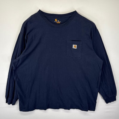 古着 カーハート Carhartt 長袖Tシャツ ロンT ワンポイントロゴ ポケット 大きいサイズ クルーネック 14042 ネイビー メンズ