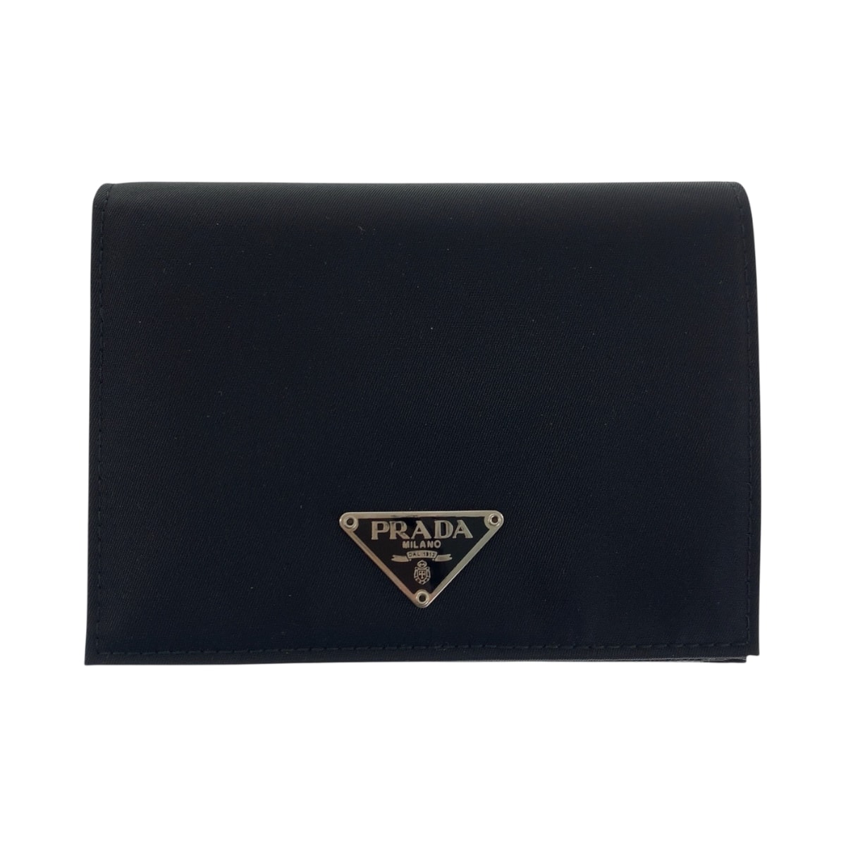 美品 PRADA プラダ テスート サフィアーノ 三角ロゴプレート ブラック 黒 シルバー金具 ナイロン レザー/ 折財布 コンパクトウォレット 600074 【中古】