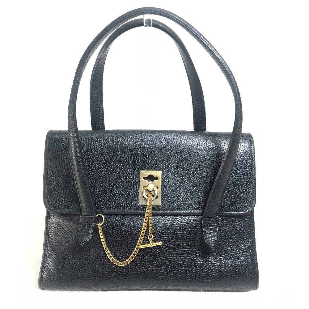 セリーヌ CELINE チェーンロック ヴィンテージ カバン トートバッグ ハンドバッグ レザー ブラック×ゴールド金具