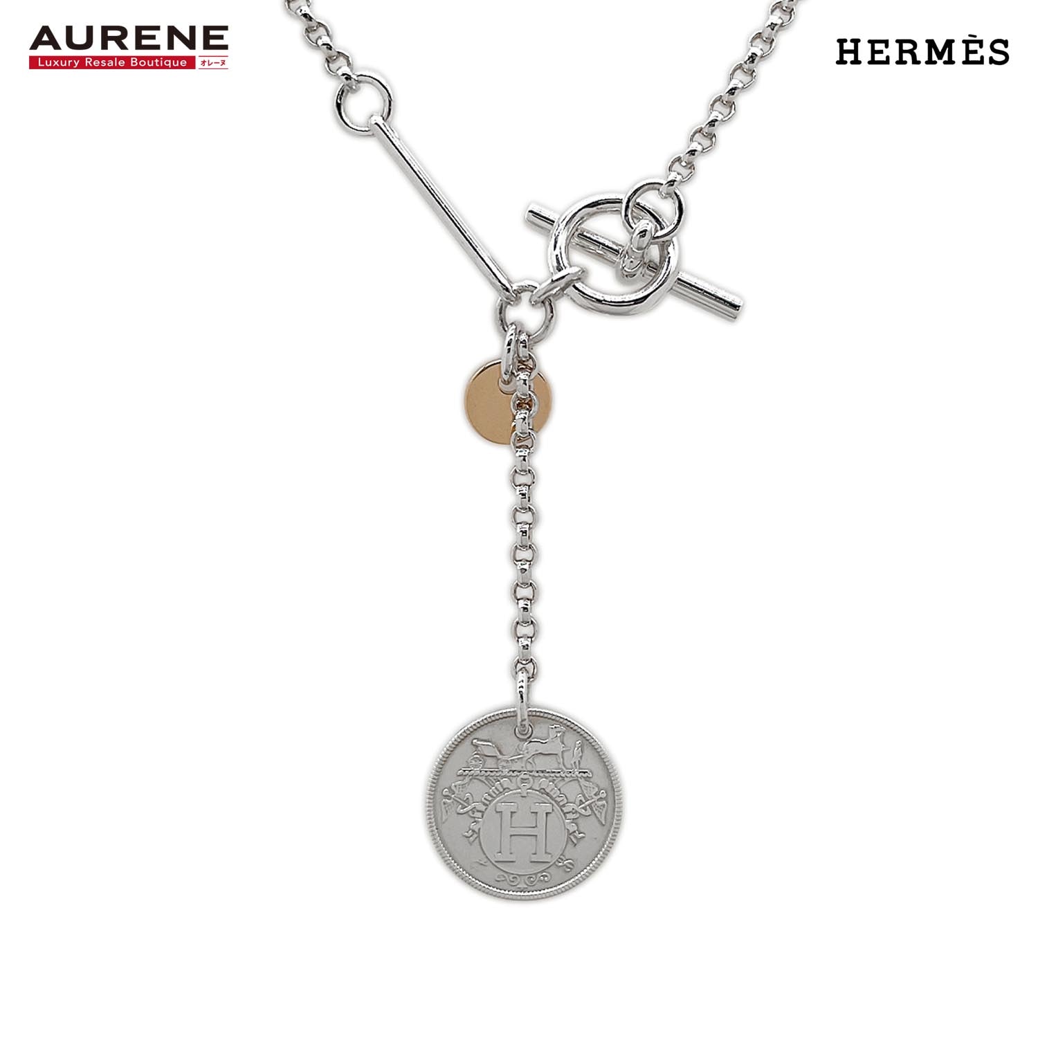 HERMES エルメス ネックレス ロゴ コイン コンビ トグル エクスリブリス SV925 K18PG シルバー 新品仕上済 ユニセックス
 【中古】