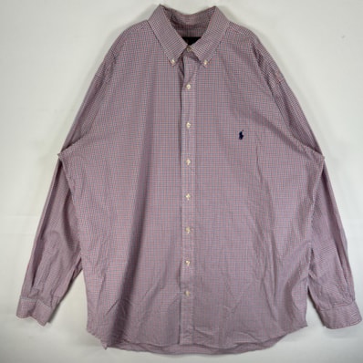 古着 ラルフローレン RALPH LAUREN 長袖シャツ チェック ロゴ 刺繍 ボタンダウン XL ブルー系 マルチカラー メンズ