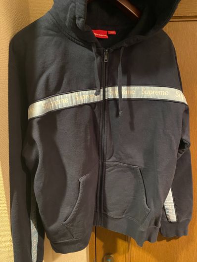 Supreme Text Stripe Zip Up Hooded Sweatshirt "Navy"