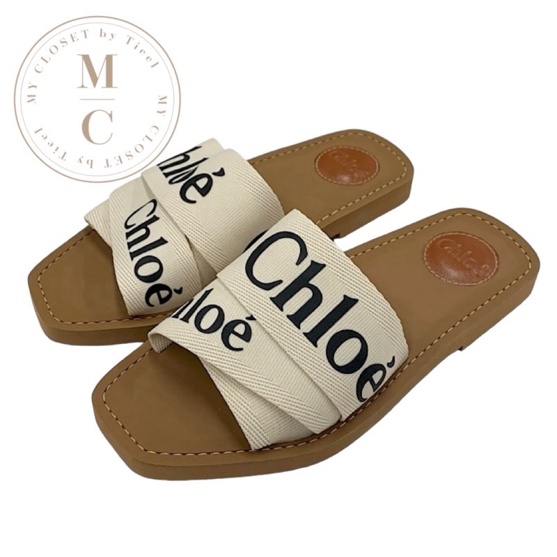 クロエ Chloe サンダル 靴 シューズ ファブリック アイボリー ブラウン ブラック フラットサンダル ミュール ロゴ