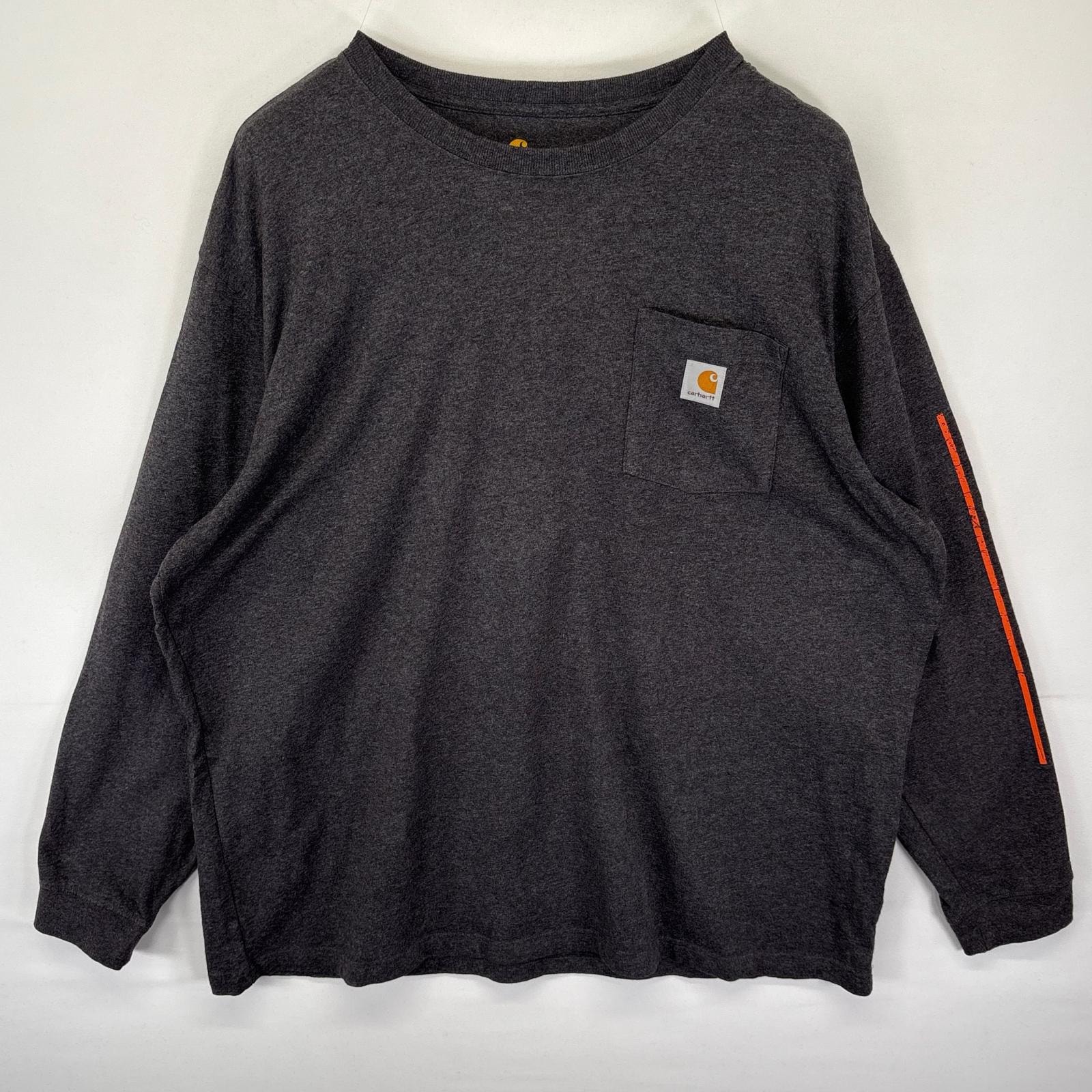 古着 カーハート Carhartt 長袖Tシャツ ロンT ワンポイントロゴ ポケット 大きいサイズ 袖ロゴプリント 14041  グレー メンズ