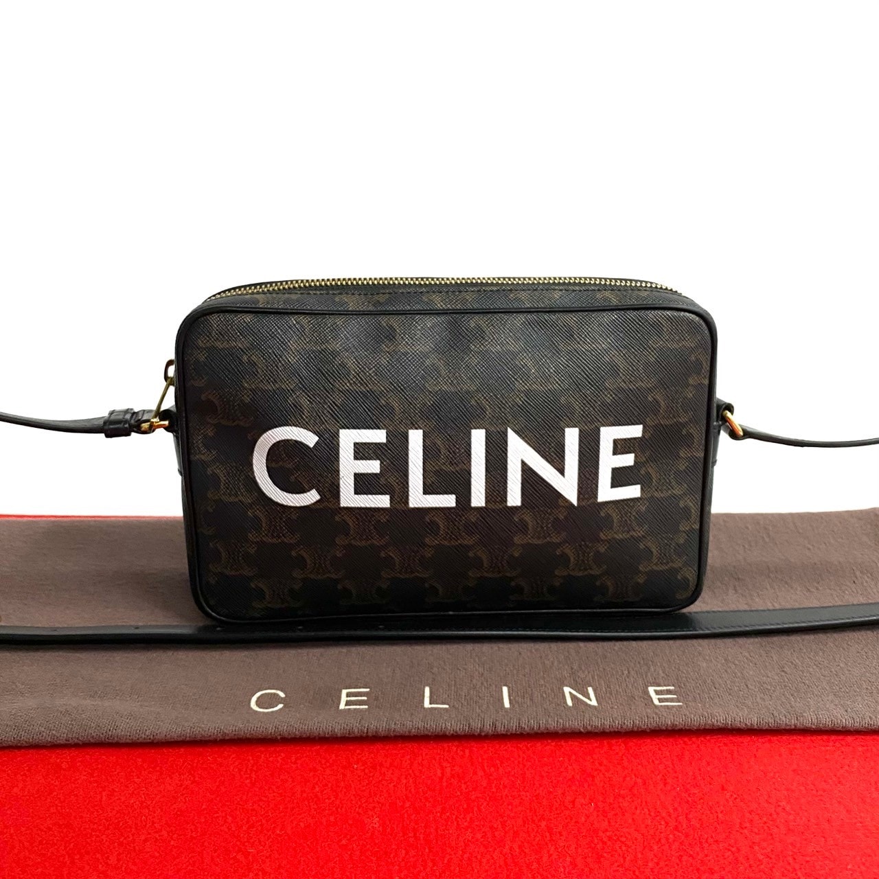 CELINE セリーヌ トリオンフ メッセンジャー ミディアム レザー PVC ショルダーバッグ ブラック
 33540