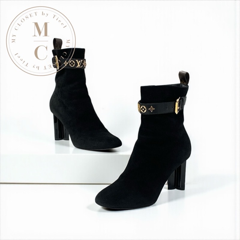 ルイヴィトン LOUIS VUITTON シルエットライン モノグラム ブーツ ショートブーツ 靴 シューズ スエード ブラック 黒 ゴールド アンクルブーツ LVロゴ