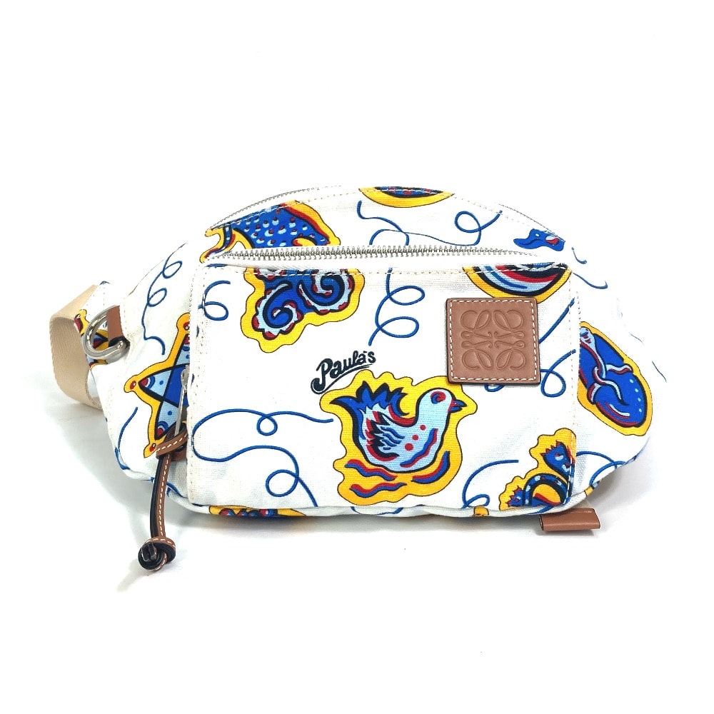 ロエベ LOEWE ウエストバッグ ショルダーバッグ アナグラム カバン PAULA’S IBIZA  パウラズイビザ ボディバッグ キャンバス ホワイト×ブルー系