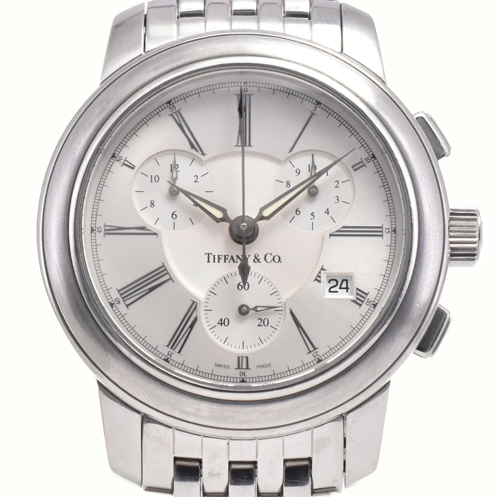 値下 ティファニー TIFFANY&Co. マーク ラウンド クロノグラフ シルバー クォーツ メンズ 良品 腕時計 D#146449