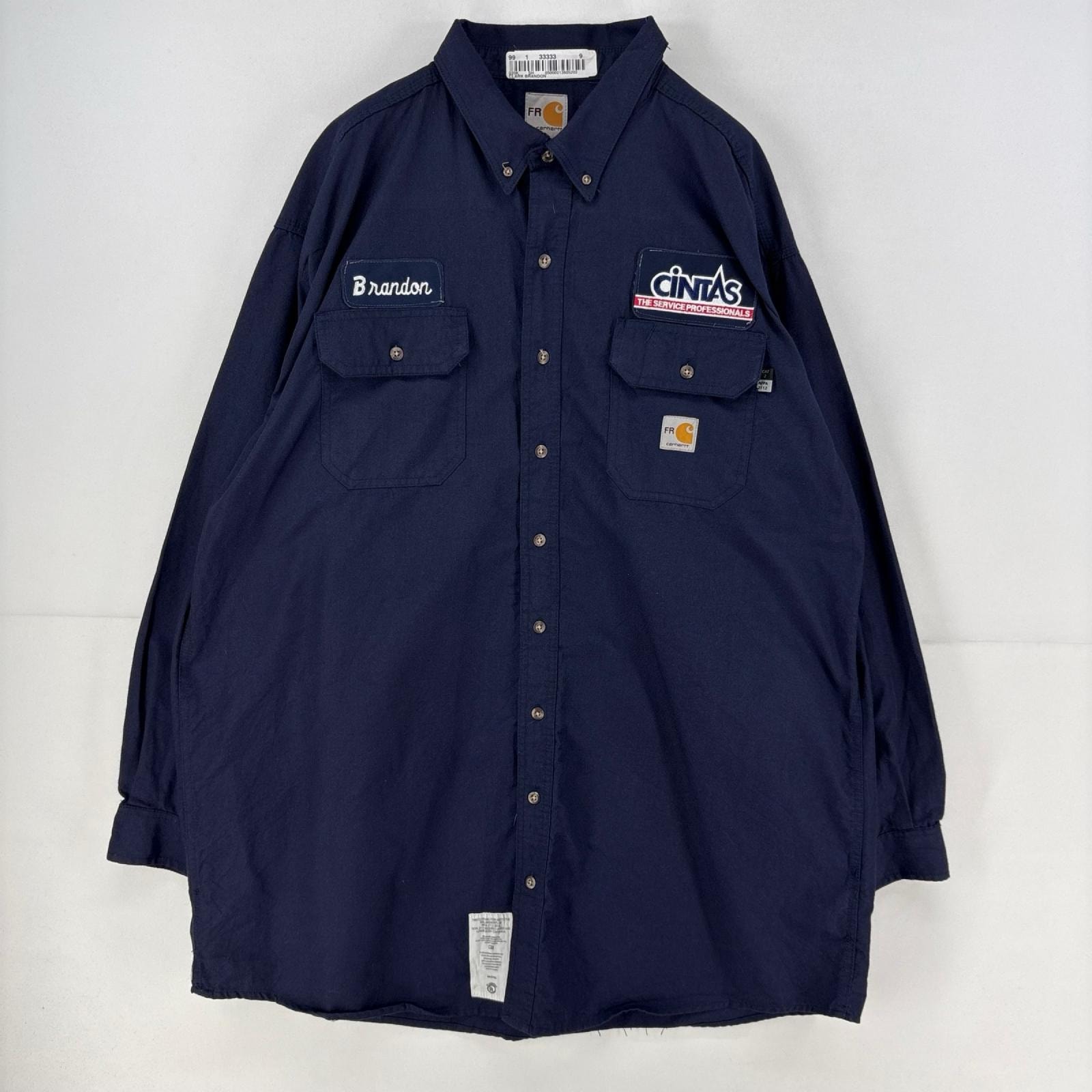 古着 カーハート Carhartt 長袖シャツ 胸ポケット ワーク ワッペン 作業着 大きいサイズ 2XL ネイビー メンズ