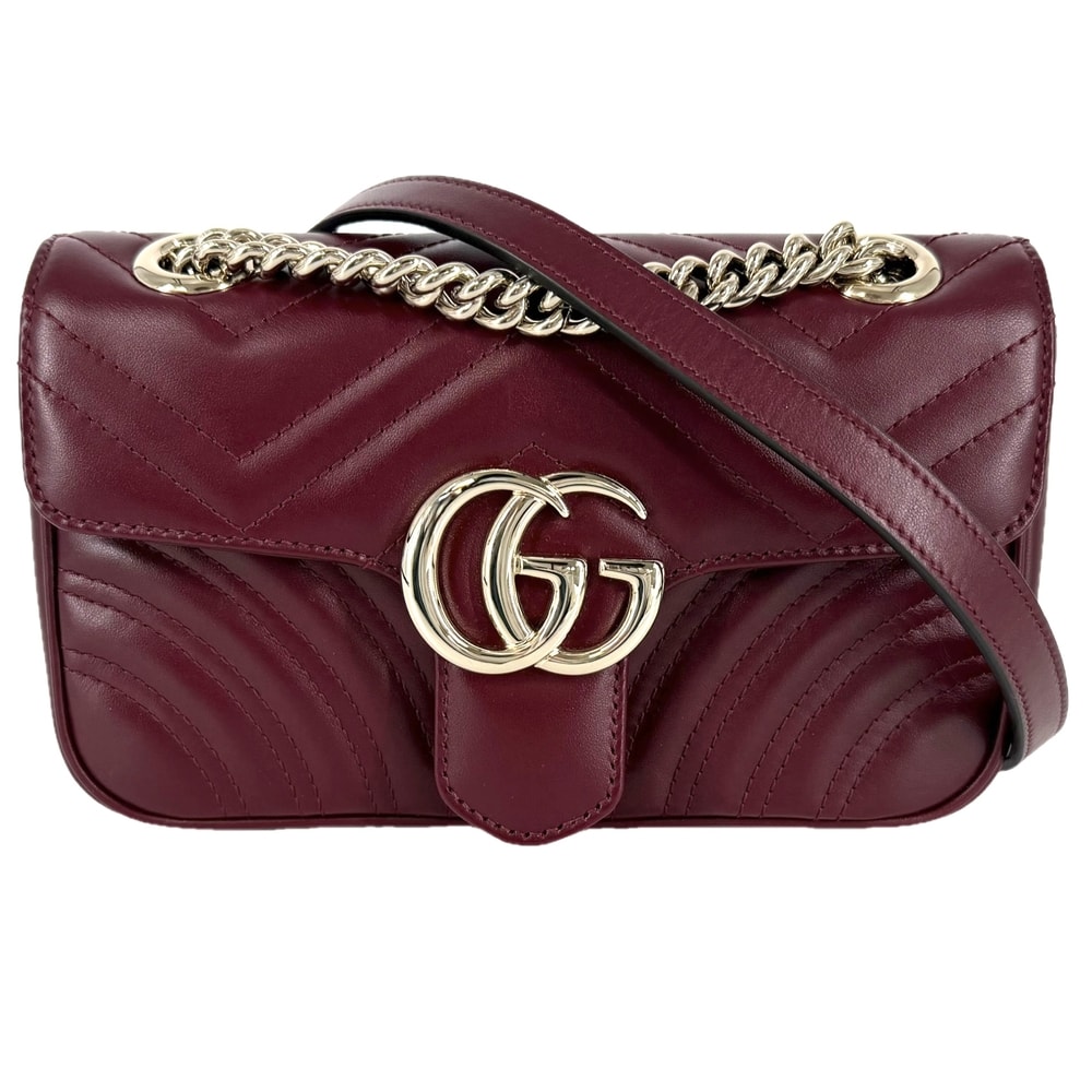GUCCI グッチ ショルダーバッグ GGマーモント スモール シェブロン 肩掛け 斜め掛け 鞄 かばん 446744 レザー    ワインレッド ゴールド金具 レディース 美品【中古品】