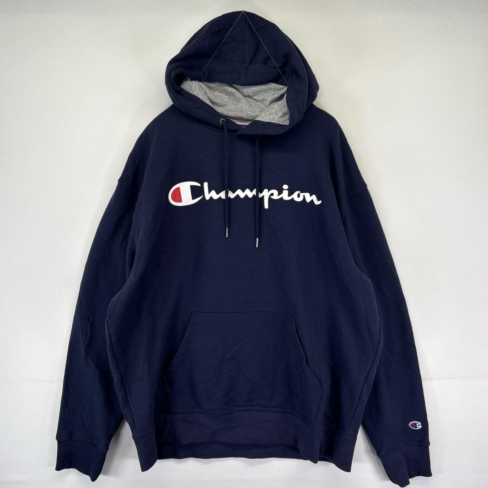 古着 チャンピオン Champion パーカー プルオーバー フーディ ロゴプリント スウェット 大きいサイズ XL  ネイビー系 メンズ