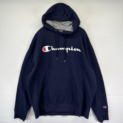古着 チャンピオン Champion パーカー プルオーバー フーディ ロゴプリント スウェット 大きいサイズ XL ネイビー系 メンズ