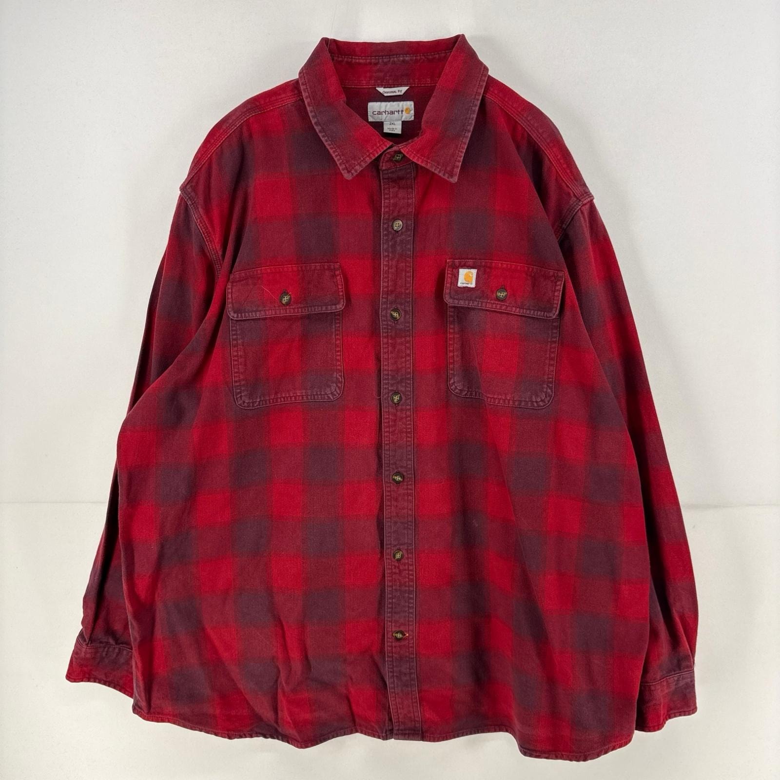 古着 カーハート Carhartt 長袖シャツ ロゴ 刺繍 胸ポケット 大きいサイズ ネルシャツ 2XL  レッド チェック メンズ