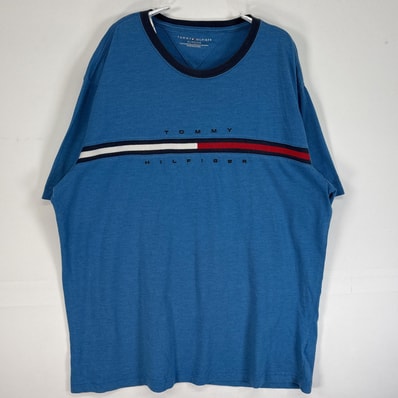 古着 トミーヒルフィガー TOMMY HILFIGER 半袖Tシャツ ロゴ デザイン 大きいサイズ クルーネック XL ブルー 無地 メンズ
