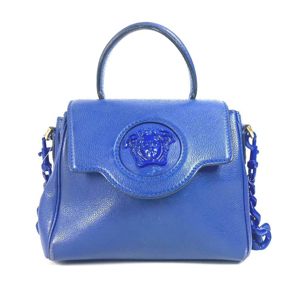 ヴェルサーチ VERSACE メデューサ ロゴ 2WAY チェーン ショルダーバッグ 肩掛け ハンドバッグ レザー ブルー