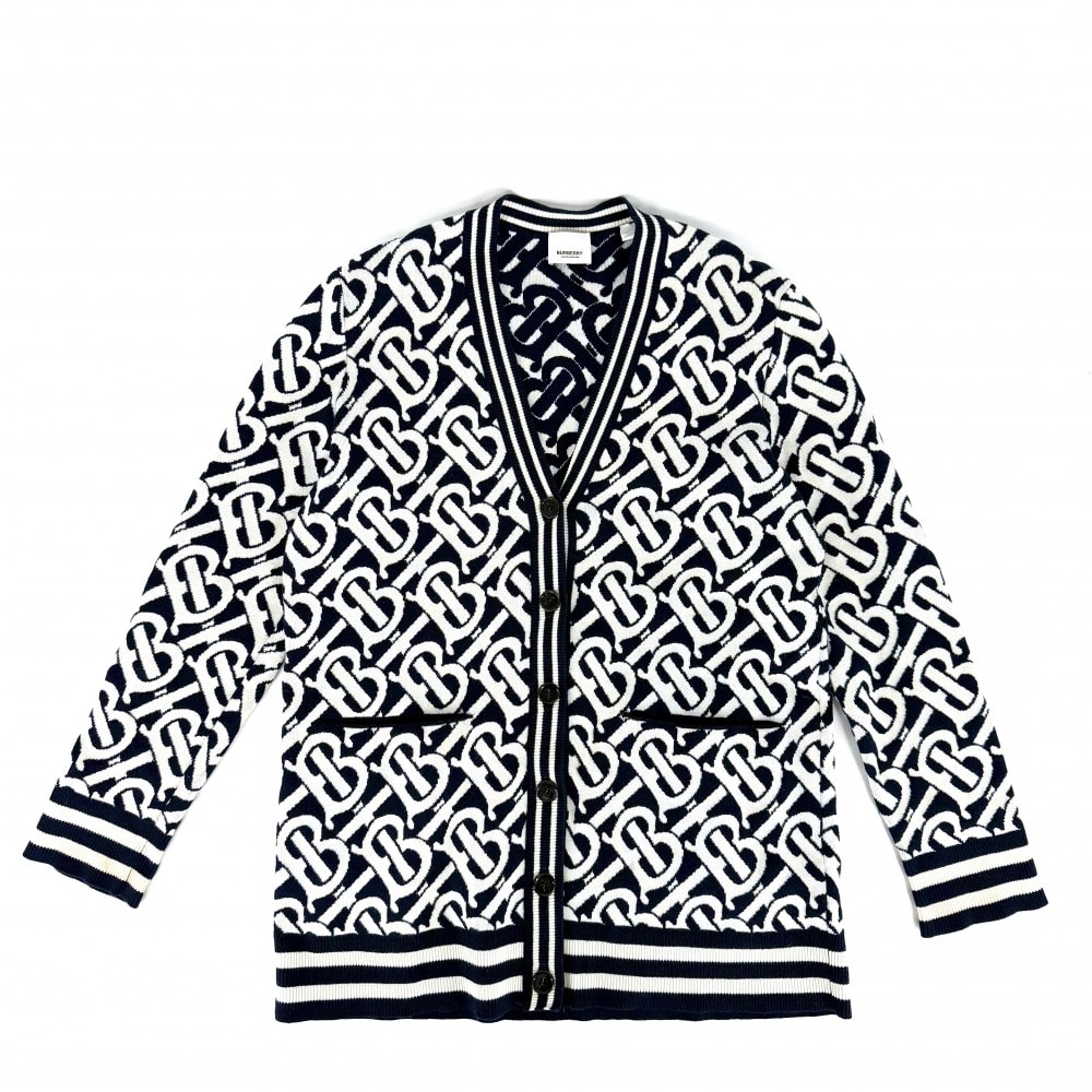 BURBERRY バーバリー カーディガン TBロゴ オーバーサイズ トップス 服 アパレル XS 8058405 ネイビー 紺 ホワイト 白    レディース 春 秋 冬【中古品】