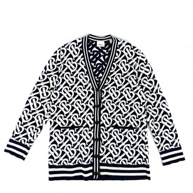 BURBERRY バーバリー カーディガン TBロゴ オーバーサイズ トップス 服 アパレル XS 8058405 ネイビー 紺 ホワイト 白 レディース 春 秋 冬【中古品】