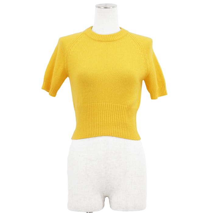 【美品】PRADA プラダ クロップドニットセーター サイズ 40 レディース 2020年モデル カシミヤ100% プルオーバー ショートスリーブ 半袖 短丈 トップス イエロー 黄 イタリア製 P24Q0Q S192 1UXD