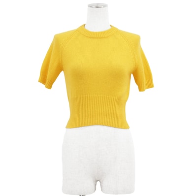 【美品】PRADA プラダ クロップドニットセーター サイズ 40 レディース 2020年モデル カシミヤ100% プルオーバー ショートスリーブ 半袖 短丈 トップス イエロー 黄 イタリア製 P24Q0Q S192 1UXD