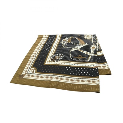 エルメス HERMES カレジェアン カレ140 HARNAIS DE COUR Bandana スカーフ 衣料品 シルク カシミヤ シルク レディース ブラック系 / カーキ系 【中古】