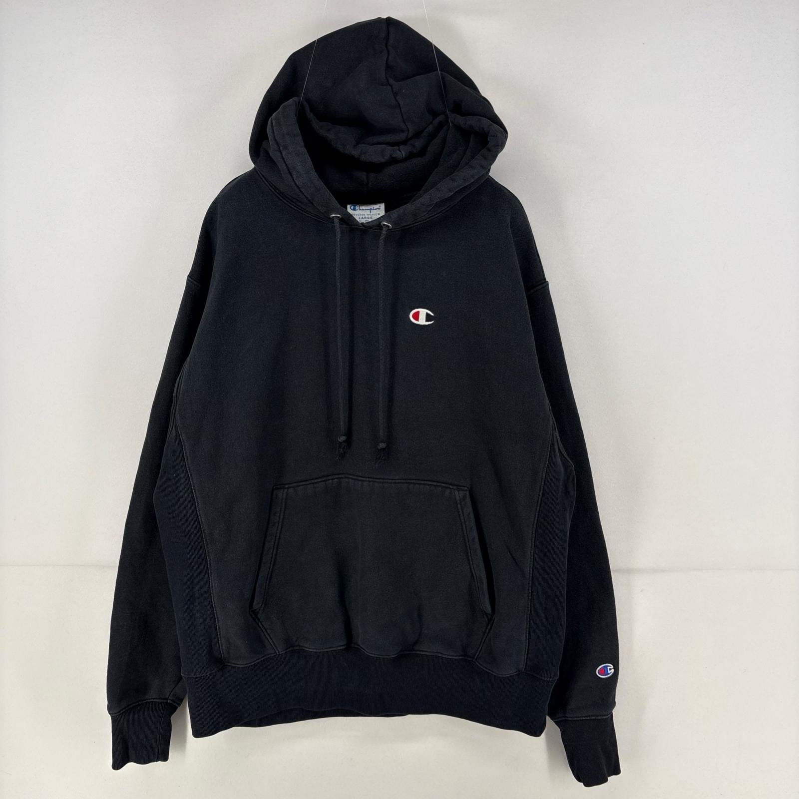 古着 チャンピオン Champion パーカー プルオーバー 刺繍 リバースウィーブ ワンポイント ロゴ L  ブラック メンズ