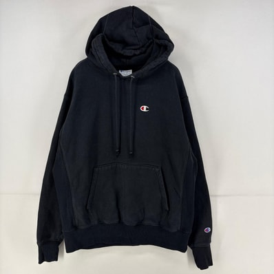 古着 チャンピオン Champion パーカー プルオーバー 刺繍 リバースウィーブ ワンポイント ロゴ L ブラック メンズ