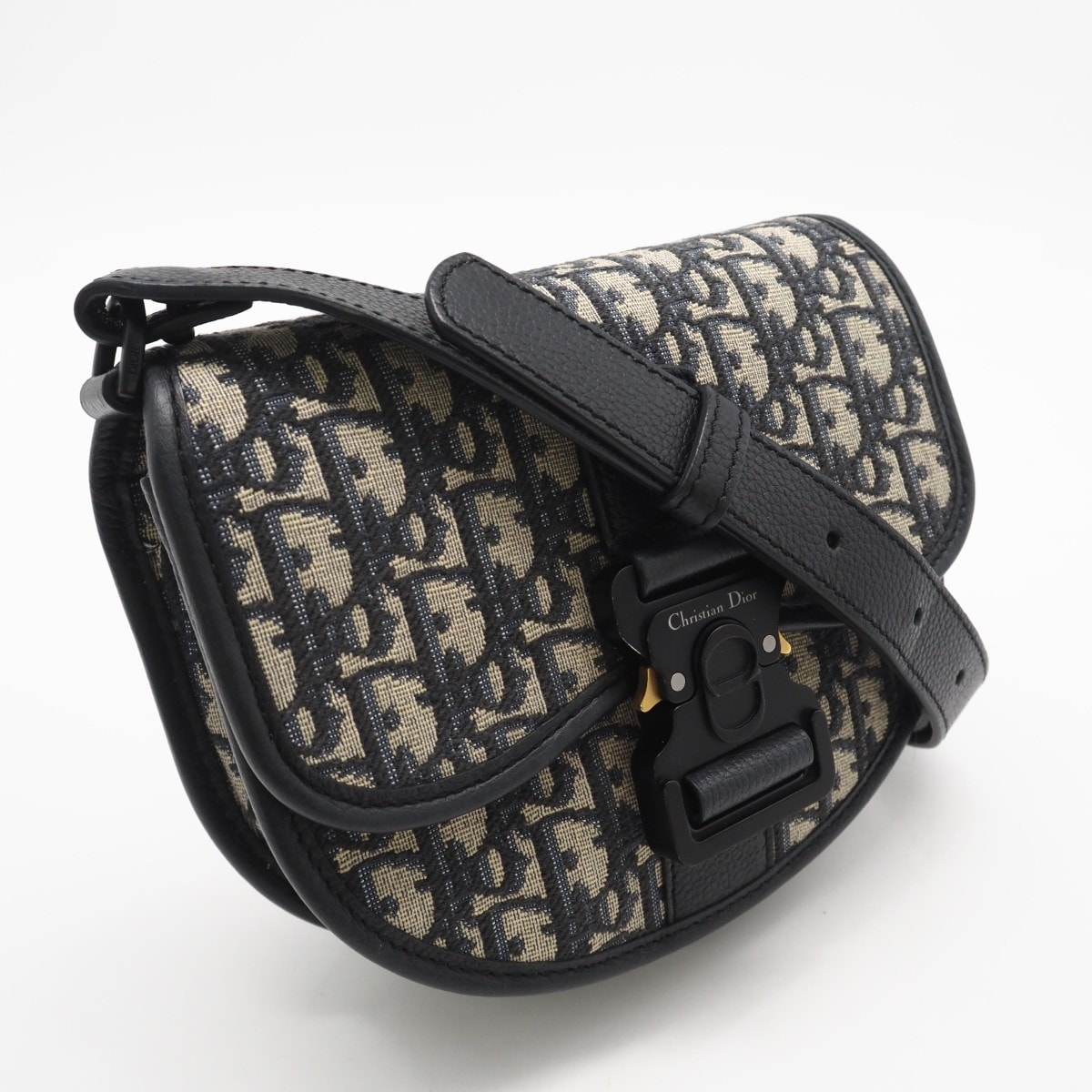 美品 Christian Dior クリスチャンディオール オブリークジャガード グレインドカーフスキン ギャロップバッグ ミニ 1ADPO033YKY_H27E ショルダーバッグ ネイビー グレー コットン キャンバス レディース