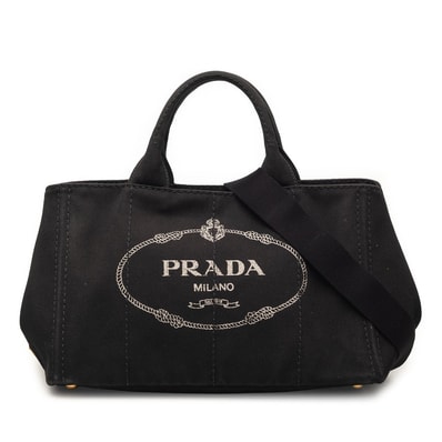 プラダ 三角ロゴプレート カナパ ラージ トートバッグ ショルダーバッグ 2WAY ブラック キャンバス レディース PRADA 【中古】