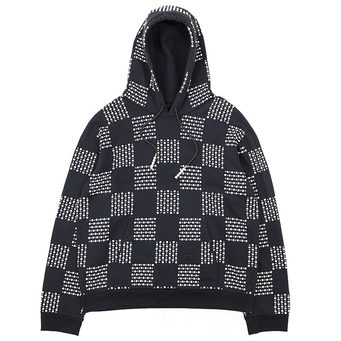 【極美品】LOUIS VUITTON ルイ・ヴィトン パーカー ダミエ フェイクパール サイズ 4L メンズ 2024SS LVロゴ エンブロイダリー 刺繍 ロングスリーブ 長袖 フーディー スウェット トップス ネイビー 紺 イタリア製