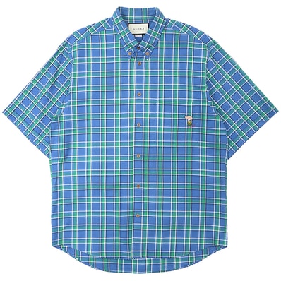 【SALE】GUCCI グッチ シャツ サイズ 48 メンズ チェック柄 ピッグ ピグレット 豚 ロゴ エンブロイダリー 刺繍 コットン100% ショートスリーブ 半袖 トップス ブルー マルチカラー 青 総柄 イタリア製 626093 ZAEOO