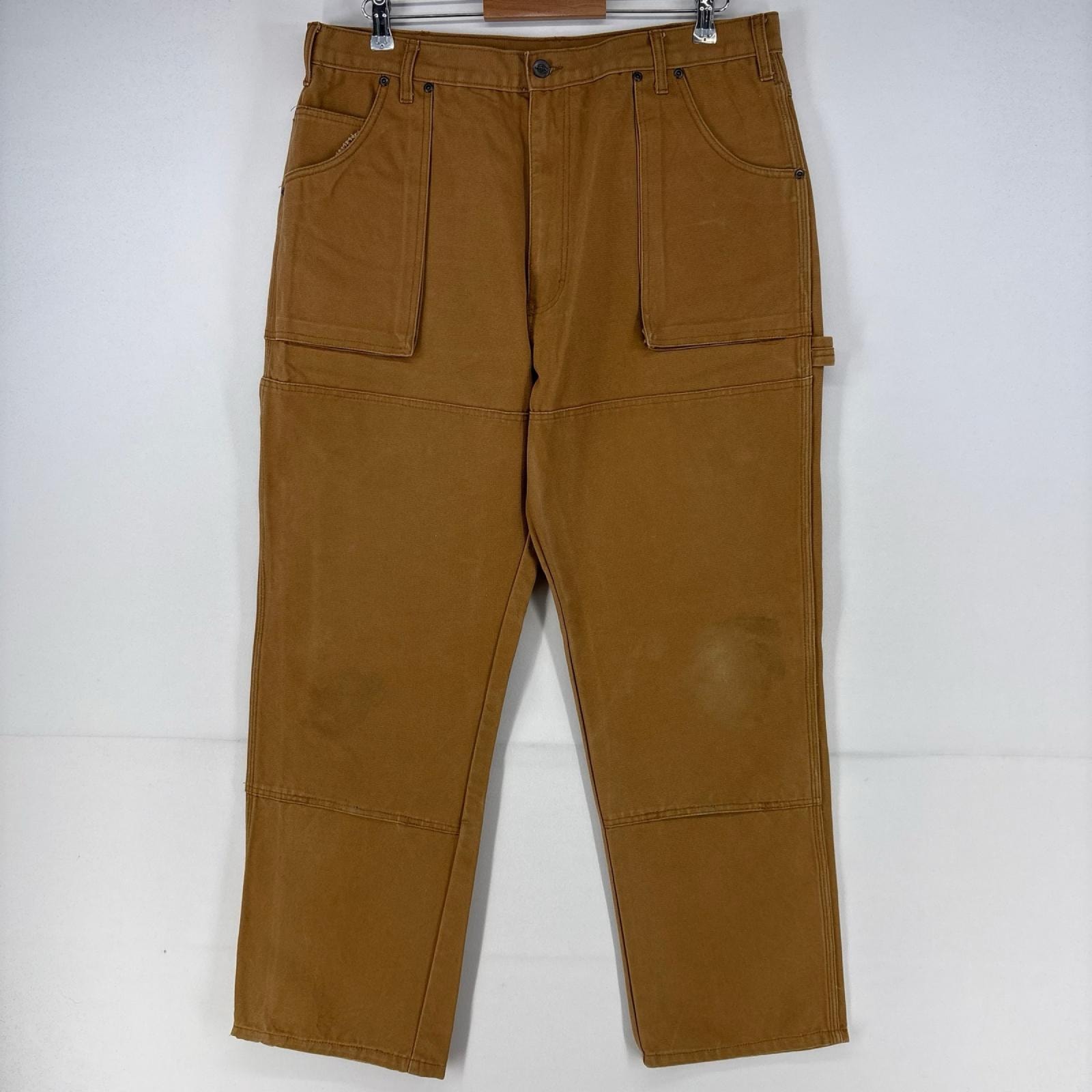 古着 ディッキーズ Dickies ダック パンツ ダブルニー ストレート ジップ 5ポケット ワンポイント w38 L30  ブラウン メンズ