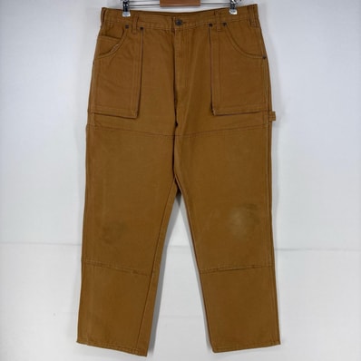 古着 ディッキーズ Dickies ダック パンツ ダブルニー ストレート ジップ 5ポケット ワンポイント w38 L30 ブラウン メンズ