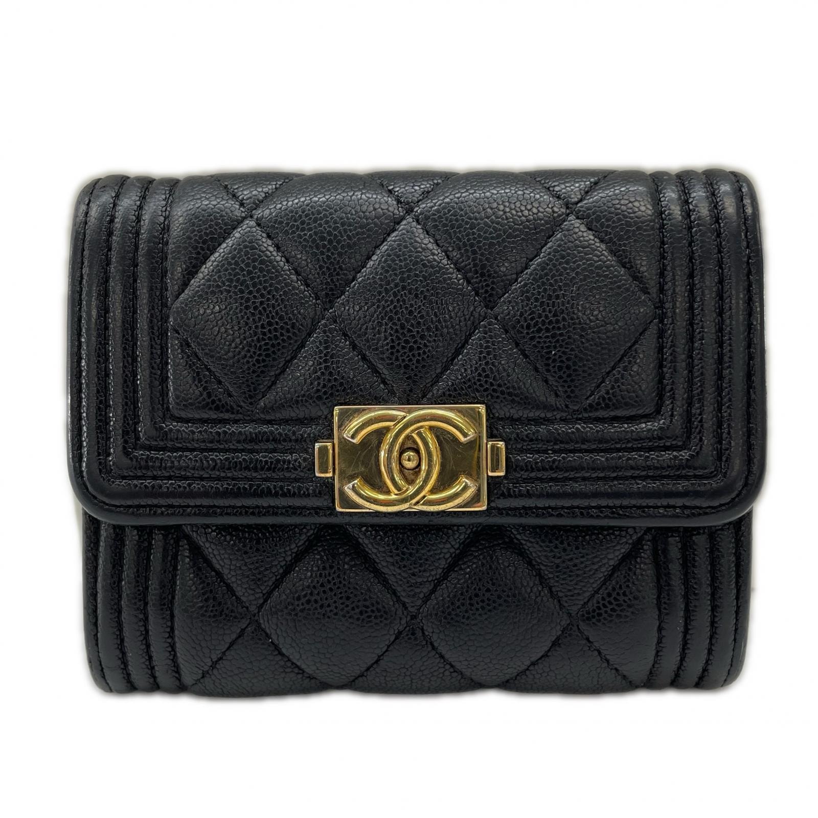 CHANEL シャネル ボーイシャネル マトラッセ コインケース マットキャビアスキン ブラック レディース【中古】