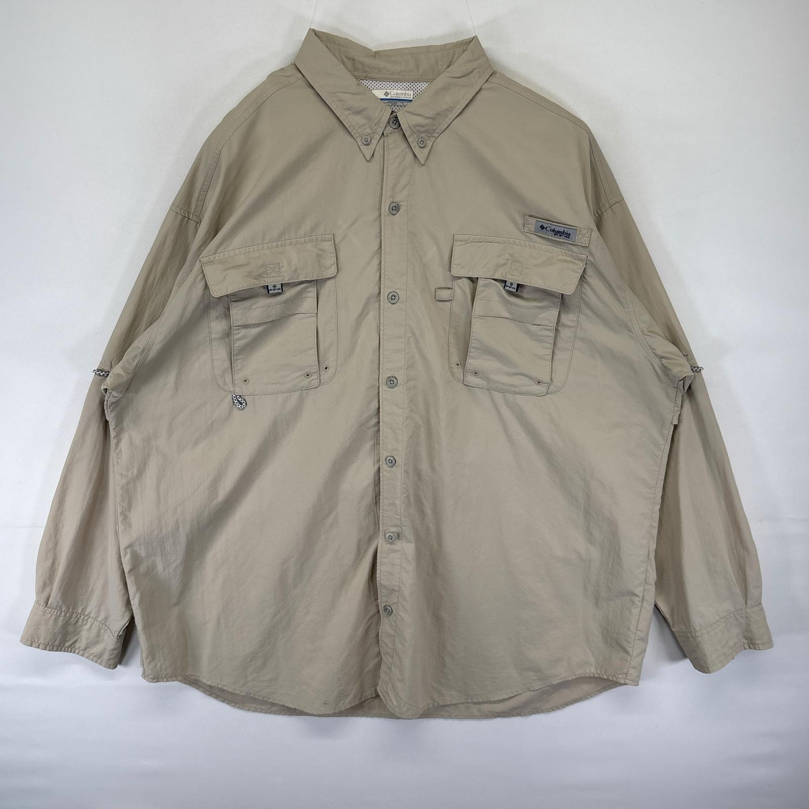古着 コロンビア Columbia 長袖シャツ ワンポイント ロゴ PFG フィッシング 大きいサイズ アウトドア 2XL ベージュ系 無地 メンズ
