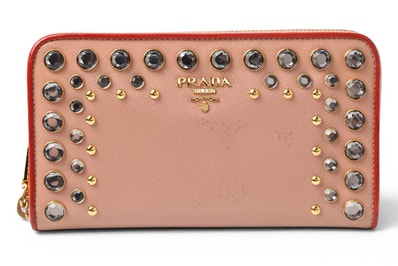 プラダ 財布 PRADA 長財布/ラウンドファスナー ピンクベージュ/ローズ 1M0506 ビジュー【中古】