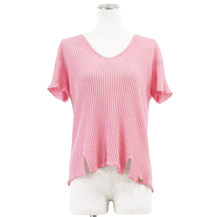 【極美品】CHANEL シャネル ニット サイズ 38 レディース P56634 COCOマーク チャーム リネン100% フロントスリット プルオーバー ショートスリーブ 半袖 トップス ピンク 桃色 イタリア製 カール・ラガーフェルド期