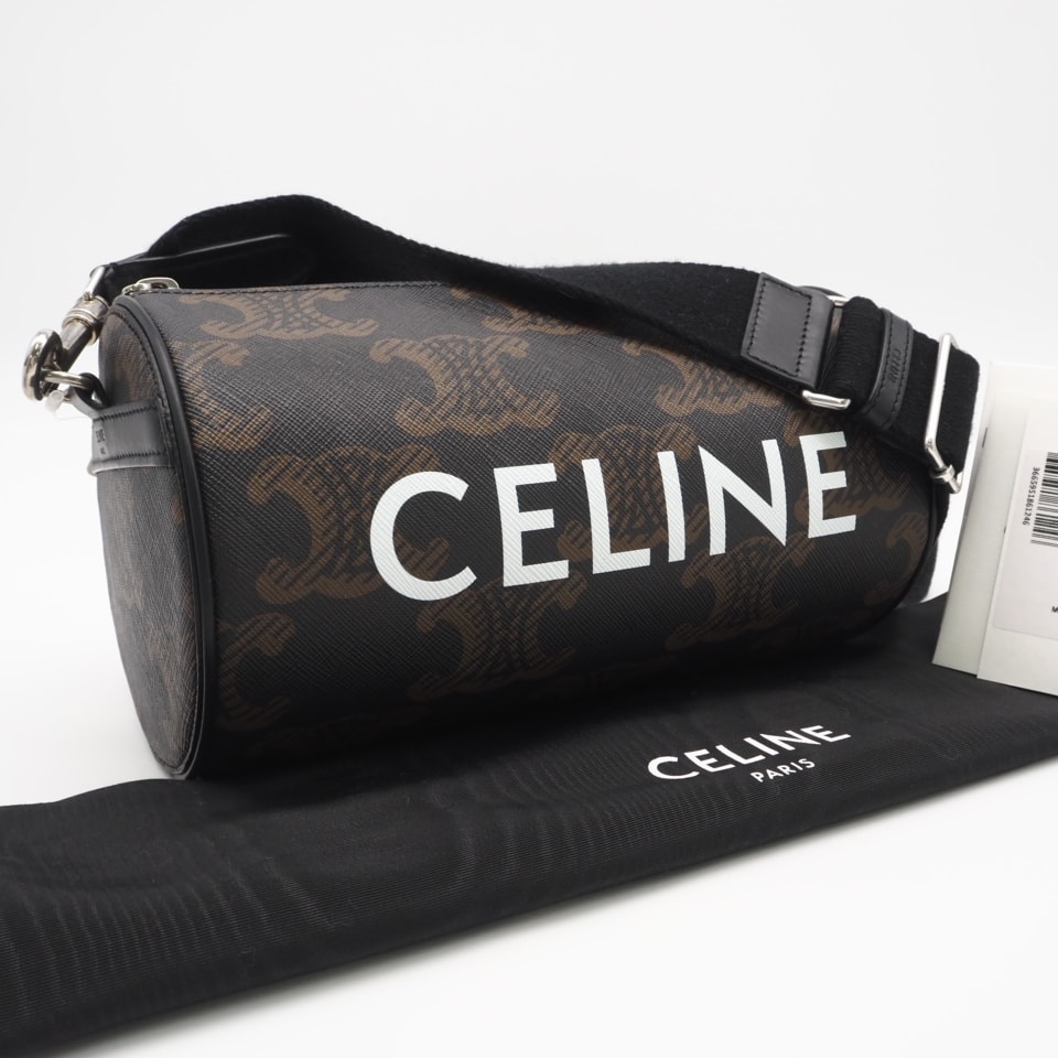 美品 CELINE セリーヌ トリオンフキャンバス シリンダーバッグ 110052EKK ショルダーバッグ ブラウン ブラック ホワイト コーティングキャンバス レザー メンズ