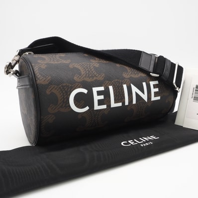 美品 CELINE セリーヌ トリオンフキャンバス シリンダーバッグ 110052EKK ショルダーバッグ ブラウン ブラック ホワイト コーティングキャンバス レザー メンズ