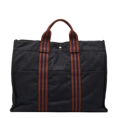 エルメス フールトゥ トートMM ハンドバッグ トートバッグ ネイビー ブラウン キャンバス レディース HERMES 【中古】