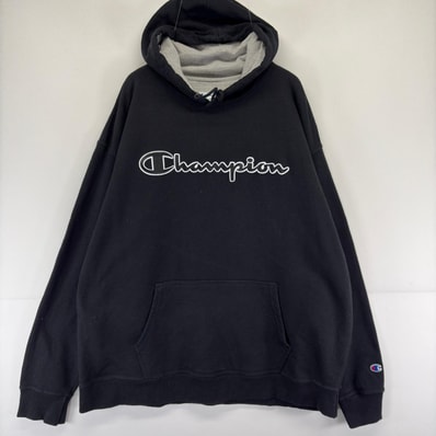 古着 チャンピオン Champion パーカー ロゴ 大きいサイズ スウェット ロゴ プリント 2XL ブラック メンズ