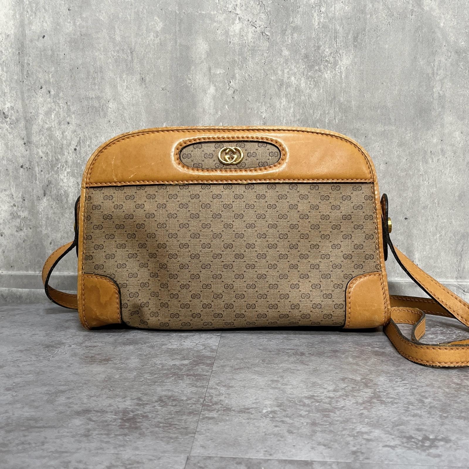 【GUCCI】グッチ オールドグッチ ショルダーバッグ マイクロGG キャンバス レザー インターロッキングG ゴールド金具 ベージュ キャメル イタリア製 斜め掛け ヴィンテージ
