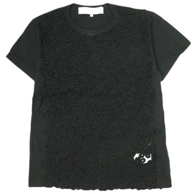 tao COMME des GARCONS タオ コムデギャルソン 24AW 日本製 綿天竺×ナイロンチュール刺繍 半袖Tシャツ TN-T005 M BLACK Tricot トリコ トップス g22902