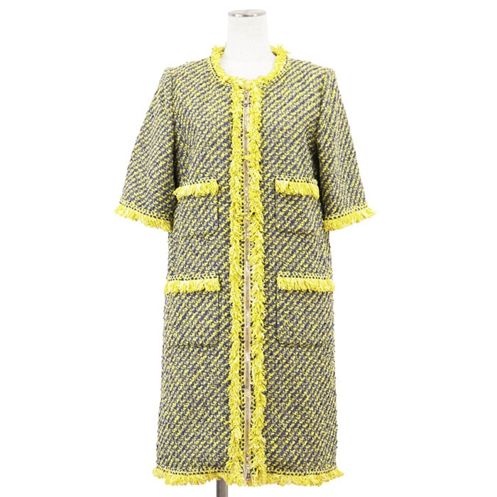 【極美品】LOUIS VUITTON ルイ・ヴィトン ワンピース ツイード LV ロゴ フリンジ ノーカラー フロントジップ ハーフスリーブ ドレス レディース サイズ 38 イエロー ブルー 黄 青 フランス製