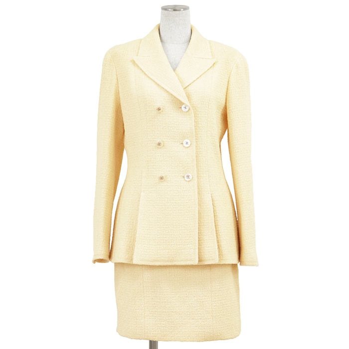 【美品】CHANEL シャネル ヴィンテージ セットアップ サイズ 40 レディース 98A P12136 ツイード ジャケット スカート ダブルブレスト ライトイエロー 黄 フランス製 カール・ラガーフェルド期